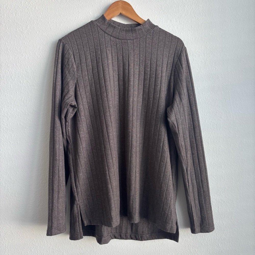 Matty M Brown Heather Pebble Ribbed Mock Neck Tunic Soft Stretch Sweater Size Lg - Picture 2 of 7